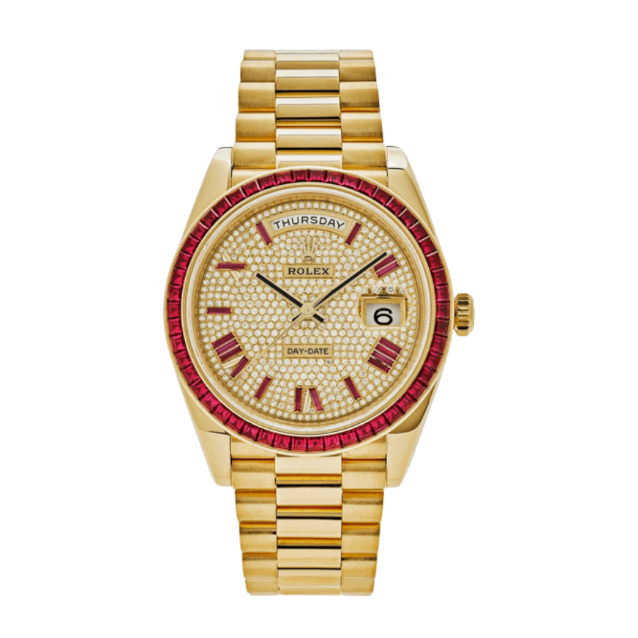 Day-date yellow gold roman dial ruby bezel 40mm