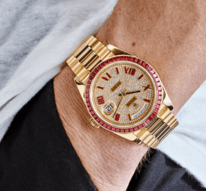 Day-date yellow gold roman dial ruby bezel 40mm