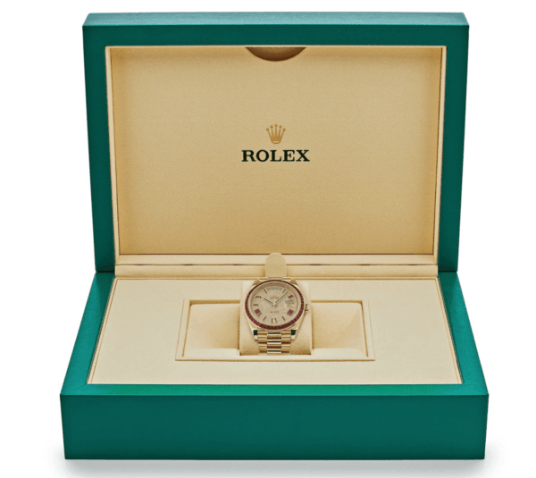 Day-date yellow gold roman dial ruby bezel 40mm