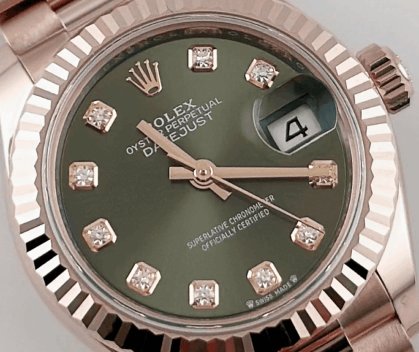 Date just ladies rose gold olive diamond green dial 28mm