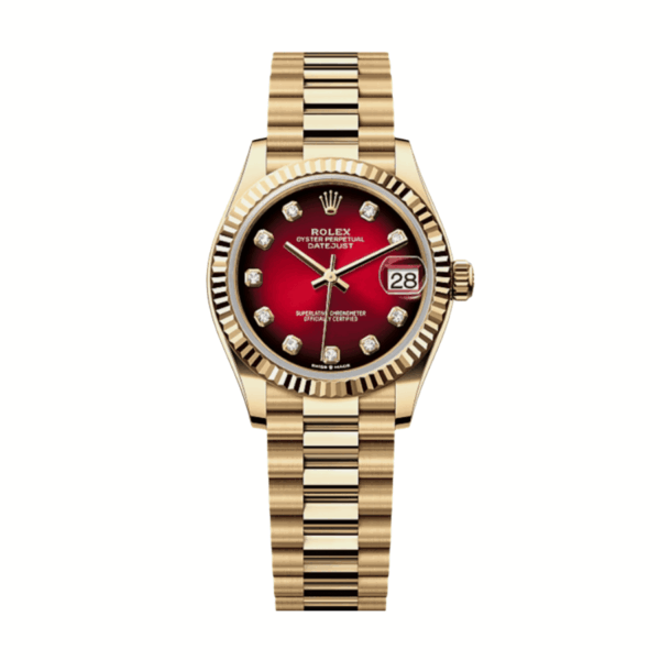 Date just ladies yellow gold red ombre diamond dial 31mm