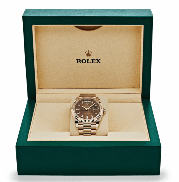 Day-date rose gold chocolate baguette diamond dial 40mm