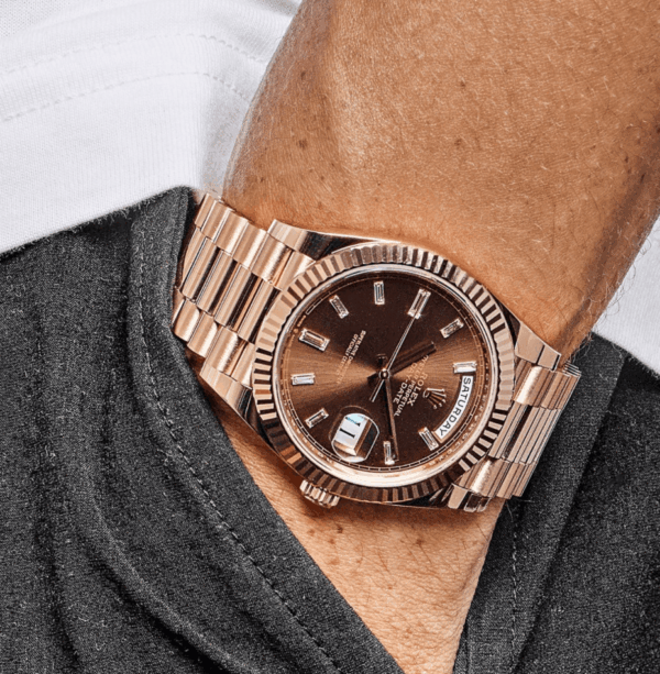 Day-date rose gold chocolate baguette diamond dial 40mm